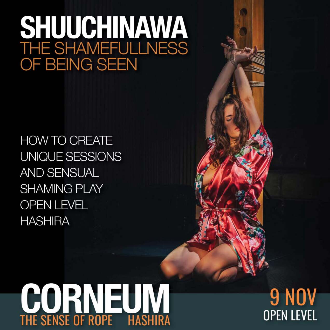 The Art of Shuuchinawa Workshop, Greeting ties, Newaza, Body handling, Yukimura, Osada, Naka, Ichinawa, Kubi-nawa, Te-nawa, Hiza-nawa, Muna-nawa,Kaikyaku, shibari workshop Corneum Belgium Brussels